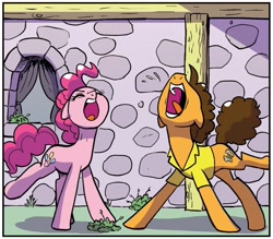 Size: 855x750 | Tagged: safe, artist:pencils, idw, cheese sandwich, pinkie pie, earth pony, pony, g4, season 10, spoiler:comic, spoiler:comic95, duo, emanata, female, male, mare, muffletta, nose in the air, open mouth, screaming, stallion, volumetric mouth