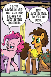 Size: 724x1085 | Tagged: safe, artist:pencils, idw, cheese sandwich, pinkie pie, earth pony, pony, g4, season 10, spoiler:comic, spoiler:comic95, blushing, dialogue, duo, female, male, mare, shipping fuel, speech bubble, stallion