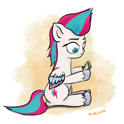 Size: 3000x3000 | Tagged: safe, artist:widelake, zipp storm, pegasus, pony, g5, cellphone, colored wings, female, high res, mare, multicolored wings, phone, simple background, sitting, smartphone, solo, white background, wings