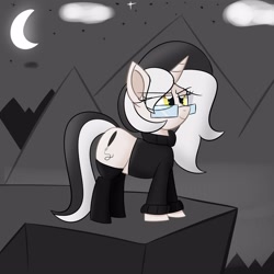 Size: 3000x3000 | Tagged: safe, artist:bestponies, oc, oc only, oc:diamond horseshoe, pony, unicorn, clothes, cloud, confident, glasses, high res, horn, looking up, moon, mountain, smiling, socks, solo, stars, sweater, unicorn oc, yellow eyes