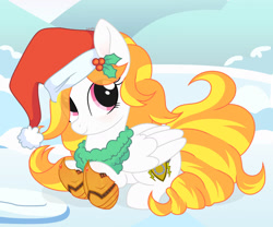 Size: 1280x1064 | Tagged: safe, artist:vi45, oc, pegasus, pony, g4, christmas, female, hat, holiday, lying down, mare, prone, santa hat, solo