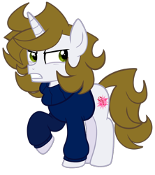 Size: 900x1013 | Tagged: safe, artist:saveraedae, oc, oc only, oc:benjamane hoofington, pony, unicorn, angry, clothes, colt, foal, looking offscreen, male, ponified, raised hoof, show accurate, simple background, solo, sweater, teenager, the mark side, transparent background