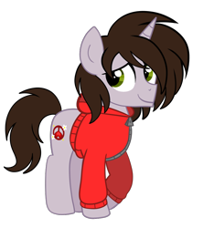 Size: 900x1013 | Tagged: safe, artist:saveraedae, oc, oc only, oc:jonatrot hoofington, pony, unicorn, brown mane, brown tail, clothes, colt, foal, full body, hooves, horn, jacket, looking offscreen, male, ponified, show accurate, simple background, smiling, solo, standing, tail, teenager, the mark side, transparent background, unicorn oc