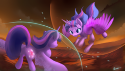 Size: 4200x2400 | Tagged: safe, artist:auroriia, twilight sparkle, alicorn, pony, g4, duality, duo, female, flying, high res, machine learning abomination, magic, self paradox, self ponidox, style emulation, twilight sparkle (alicorn), wings