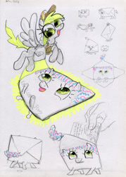 Size: 2856x4000 | Tagged: safe, artist:ja0822ck, derpy hooves, pony, g4, envelope, flying, i can't believe it's not badumsquish, letter, ponified, simple background, traditional art