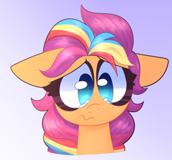 Size: 1323x1235 | Tagged: safe, artist:saveraedae, sunny starscout, earth pony, pony, g5, amogus eyes, among us, bust, crying, female, gradient background, mane stripe sunny, mare, meme, portrait, sad, solo, wavy mouth