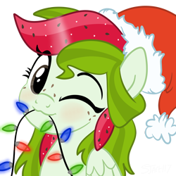 Size: 4096x4096 | Tagged: safe, artist:sjart117, oc, oc only, oc:watermelana, pegasus, pony, :3, bust, christmas, christmas lights, female, freckles, hat, holiday, mare, mouth hold, one eye closed, portrait, santa hat, simple background, solo, transparent background, wings, wink