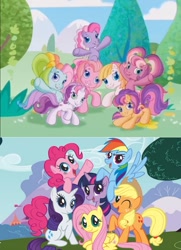 Size: 735x1017 | Tagged: safe, screencap, applejack, cheerilee (g3), fluttershy, pinkie pie, pinkie pie (g3), rainbow dash, rainbow dash (g3), rarity, scootaloo (g3), starsong, sweetie belle (g3), toola-roola, twilight sparkle, pony, unicorn, g3, g3.5, g4, twinkle wish adventure, comparison, mane six opening poses, unicorn twilight