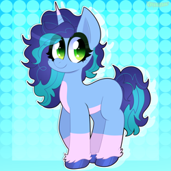 Size: 2000x2000 | Tagged: safe, artist:saveraedae, misty brightdawn, pony, unicorn, g5, abstract background, blank flank, coat markings, colored hooves, colored horn, cute, eye clipping through hair, female, full body, high res, horn, looking at you, mare, pale belly, smiling, smiling at you, socks (coat markings), solo, standing, tail, two toned mane, two toned tail, unshorn fetlocks
