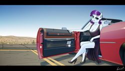 Size: 3840x2160 | Tagged: safe, artist:apocheck13, rarity, unicorn, anthro, plantigrade anthro, g4, breasts, car, cleavage, clothes, convertible, day, desert, dress, eyebrows, eyelashes, female, grass, grin, high heels, high res, horn, looking at you, outdoors, reasonably sized breasts, shoes, signature, sky, smiling, smiling at you, solo