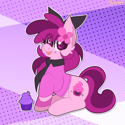 Size: 2000x2000 | Tagged: safe, artist:saveraedae, oc, oc only, earth pony, pony, :p, bow, clothes, commission, cupcake, female, food, frosting, high res, mare, necktie, solo, tongue out