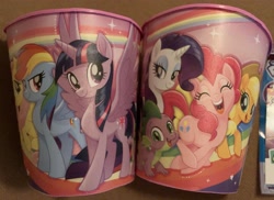 Size: 3996x2908 | Tagged: safe, applejack, fluttershy, pinkie pie, rainbow dash, rarity, spike, twilight sparkle, alicorn, earth pony, pegasus, pony, unicorn, g4, my little pony: the movie, cup, high res, merchandise, photo, plastic, twilight sparkle (alicorn)