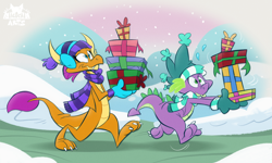 Size: 2200x1320 | Tagged: safe, artist:spicytacozzz, smolder, spike, dragon, pony, g4, cap, christmas, christmas presents, clothes, dragoness, earmuffs, female, gloves, hat, hearth's warming, holiday, male, outdoors, package, present, scarf, snow, snowfall, striped scarf, winter