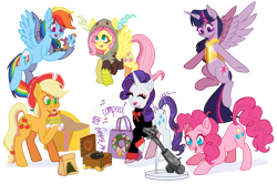 Size: 2965x1968 | Tagged: safe, alternate version, artist:spring_spring, applejack, big macintosh, fluttershy, pinkie pie, rainbow dash, rarity, shining armor, twilight sparkle, alicorn, earth pony, pegasus, pony, unicorn, best gift ever, g4, armor, bag, burger, christmas, christmas rift, christmas tree, clothes, commission, commissioner:zcord, craft, food, gold, hat, hearth's warming, holiday, horseshoes, implied big macintosh, implied cheese sandwich, implied discord, implied maud pie, implied scootaloo, implied shining armor, implied spike, implied sweetie belle, jacket, mane six, music box, paper bag, party cannon, present, rock, scooter, sculpture, shadow, shining, simple background, singing, transparent background, tree, twilight sparkle (alicorn)