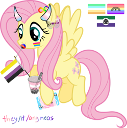 Size: 1599x1605 | Tagged: safe, fluttershy, butterfly, pegasus, pony, g4, autism, autistic fluttershy, bubble tea, candy, demigirl, demigirl pride flag, demisexual, demisexual pride flag, devil horns, drink, face paint, flag, food, headcanon, horns, infinity, infinity symbol, lgbt, lgbt headcanon, lgbtq, lollipop, neopronouns, neopronouns pride flag, neurodivergent, neurodivergent headcanon, nonbinary, nonbinary pride flag, pansexual, pansexual pride flag, playing card, polyamorous, polyamory pride flag, pride, pride flag, pronouns, simple background, solo, therian, therian pride flag, trans fluttershy, transfeminine, transfeminine pride flag, transgender, transgender pride flag, uno, uno reverse card, white background, xenogender, xenogender pride flag