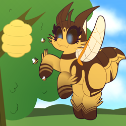 Size: 2000x2000 | Tagged: safe, artist:saveraedae, oc, oc:bee berry, bee, bee pony, insect, original species, pony, cloud, commission, cute, flying, high res, hive, pony hybrid, solo, tree