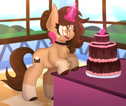 Size: 1787x1500 | Tagged: safe, artist:saveraedae, oc, oc only, oc:betty brownie, pony, unicorn, cake, commission, decorating, female, food, glowing, glowing horn, horn, magic, magic aura, mare, solo, strawberry, telekinesis