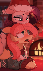 Size: 3054x5000 | Tagged: safe, artist:nookprint, fluttershy, rarity, pegasus, pony, unicorn, butterscotch, christmas, clothes, female, fire, fireplace, flarity, flutterguy, half r63 shipping, hat, holiday, imminent kissing, male, mistletoe, rariscotch, rule 63, santa hat, shipping, straight, sweater