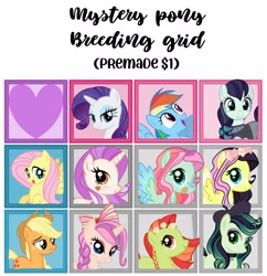 Size: 2885x2978 | Tagged: safe, artist:vernorexia, applejack, coloratura, fluttershy, rainbow dash, rarity, oc, unnamed oc, earth pony, pegasus, pony, unicorn, g4, adoptable, bandaid, bandaid on nose, beret, bow, braid, choker, colored wings, daisy crown, female, floral head wreath, flower, food, freckles, gradient wings, grid, hair bow, hat, high res, lesbian, magical lesbian spawn, multicolored hair, multicolored mane, offspring, parent:applejack, parent:coloratura, parent:fluttershy, parent:rainbow dash, parent:rarity, parents:appledash, parents:flarity, parents:flutterdash, parents:rarajack, parents:rarijack, rarashy, ship:appledash, ship:flutterdash, ship:rarajack, ship:rarijack, shipping, shipping chart, strawberry, wings