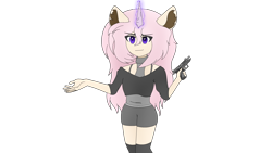 Size: 3840x2160 | Tagged: safe, artist:straighttothepointstudio, oc, oc only, unicorn, anthro, g5, anthro oc, clothes, digital art, female, glowing, glowing horn, gun, handgun, high res, horn, long hair, looking at you, magic, pistol, shorts, simple background, smiling, socks, solo, transparent background, weapon