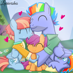 Size: 1300x1300 | Tagged: safe, artist:mlplary6, bow hothoof, scootaloo, windy whistles, pegasus, pony, ^^, eyes closed, family, female, filly, floating heart, foal, heart, hug, male, mare, scootalove, sitting, smiling, stallion, trio