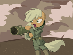 Size: 1024x768 | Tagged: safe, artist:andromedasparkz, applejack, earth pony, pony, g4, clothes, costume, female, mare, military uniform, missing accessory, solo, uniform, weapon