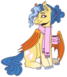 Size: 2000x2300 | Tagged: safe, artist:monnarcha, oc, oc only, bat pony, pony, bat pony oc, clothes, high res, mug, scarf, simple background, solo, transparent background, wing hands, wings