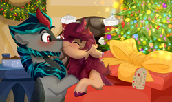 Size: 3300x1959 | Tagged: safe, artist:rutkotka, oc, oc only, kirin, pony, boop, box, christmas, christmas stocking, christmas tree, christmas wreath, commission, couple, cute, duo, female, fireplace, food, holiday, indoors, kirin oc, kissing, lights, male, oc x oc, ornaments, pony in a box, present, shipping, straight, tree, wreath