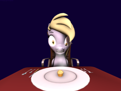 Size: 2880x2160 | Tagged: safe, derpy hooves, pegasus, pony, g4, 3d, fear, female, food, high res, mare, muffin, solo, source filmmaker