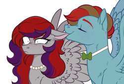 Size: 3356x2278 | Tagged: safe, oc, oc only, oc:evening prose, oc:globetrotter, pegasus, pony, biting, bowtie, ear bite, female, freckles, high res, jewelry, male, mare, necklace, pearl necklace, shipping, simple background, stallion, transparent background