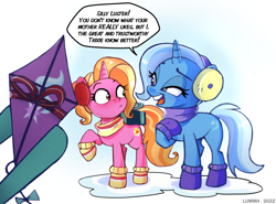 Size: 3804x2820 | Tagged: safe, artist:lummh, luster dawn, trixie, pony, unicorn, auntie trixie, clothes, duo, earmuffs, grammar error, hoof boots, hoof hold, implied starlight glimmer, kite, luster dawn is starlight's and sunburst's daughter, offspring, parent:starlight glimmer, parent:sunburst, parents:starburst, raised hoof, scarf, snow, that pony sure does love kites