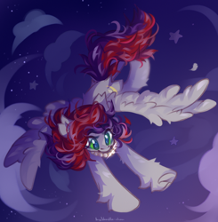 Size: 3920x4000 | Tagged: safe, artist:vanilla-chan, oc, oc only, oc:evening prose, pegasus, pony, female, flying, freckles, high res, jewelry, mare, necklace, night, pearl necklace, solo