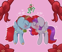 Size: 1043x872 | Tagged: safe, artist:typhwosion, oc, oc only, oc:evening prose, oc:globetrotter, pegasus, pony, blushing, bowtie, commission, duo, female, freckles, jewelry, kissing, male, mare, mistletoe, necklace, oc x oc, pearl necklace, shipping, stallion, straight, ych result