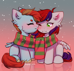 Size: 2001x1920 | Tagged: safe, oc, oc only, oc:evening prose, oc:globetrotter, pegasus, pony, clothes, female, freckles, gradient background, jewelry, licking, male, mare, necklace, pearl necklace, pegasus oc, scarf, shared clothing, shared scarf, shipping, stallion, striped scarf, tongue out, unshorn fetlocks
