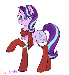 Size: 2310x2510 | Tagged: safe, artist:hayley566, starlight glimmer, pony, unicorn, g4, christmas, christmas stocking, clothes, cute, female, glimmerbetes, high res, holiday, mare, raised hoof, scarf, simple background, smiling, socks, solo, stockings, thigh highs, transparent background