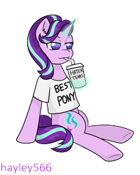 Size: 1989x2485 | Tagged: safe, artist:hayley566, starlight glimmer, pony, unicorn, g4, best pony, clothes, cup, cute, drinking, drinking straw, female, glimmerbetes, glowing, glowing horn, haters gonna hate, horn, levitation, magic, mare, meme, shirt, simple background, sitting, smug, smuglight glimmer, solo, t-shirt, telekinesis, transparent background, your tears are delicious