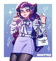Size: 856x933 | Tagged: safe, artist:miottex, rarity, human, g4, alternate hairstyle, bag, belt, bow, bowtie, clothes, cute, ear piercing, earring, eyeshadow, female, grin, hair bow, handbag, humanized, jewelry, lipstick, makeup, nail polish, pantyhose, piercing, raribetes, shirt, skirt, smiling, solo, stockings, thigh highs