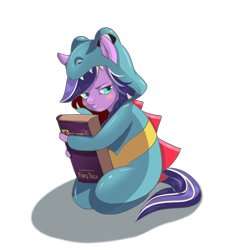 Size: 1830x2013 | Tagged: safe, artist:mdwines, oc, earth pony, totodile, anthro, blushing, book, clothes, costume, earth pony oc, fairy tale, kigurumi, lidded eyes, looking at you, pokémon, protecting, simple background, solo, transparent background