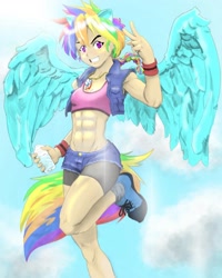 Size: 1440x1800 | Tagged: safe, artist:shawncollinsart, rainbow dash, human, g4, abs, alternate hairstyle, belly button, clothes, cloud, compression shorts, denim, denim shorts, eared humanization, grin, humanized, jewelry, necklace, shoes, shorts, sky, smiling, sneakers, socks, solo, sports bra, tail, tailed humanization, vest, water, water bottle, winged humanization, wings, wristband