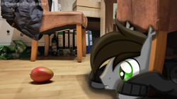 Size: 3840x2160 | Tagged: safe, artist:razoruniboop, oc, oc:razoruniboop, bat pony, changeling, pegasus, pony, food, herbivore, high res, mango, peeking, photo