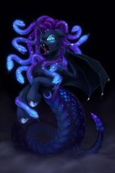 Size: 1565x2355 | Tagged: safe, artist:rozmed, nightmare moon, monster pony, pony, snake, g4, bat wings, drool, ethereal mane, fangs, floppy ears, forked tongue, galaxy mane, horn, medusa, monster, open mouth, scales, signature, slit pupils, snake tail, solo, tail, wings