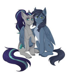 Size: 1500x1700 | Tagged: safe, artist:serodart, oc, oc only, oc:pensive stroke, oc:silver coil, pegasus, pony, unicorn, 2023 community collab, derpibooru community collaboration, duo, ponytail, simple background, transparent background