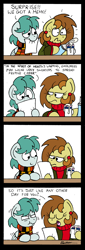 Size: 1193x3507 | Tagged: safe, artist:bobthedalek, oc, oc only, oc:bubble pump, oc:clippy ticket, earth pony, pegasus, pony, comic:trottingham transport, burn, chocolate, clothes, comic, food, hot chocolate, jacket, mug, paper, scrunchy face, startled, sweater