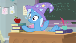 Size: 1766x993 | Tagged: safe, screencap, trixie, pony, unicorn, a horse shoe-in, g4, apple, chalkboard, clothes, eyelashes, female, food, hat, mare, solo, trixie's hat