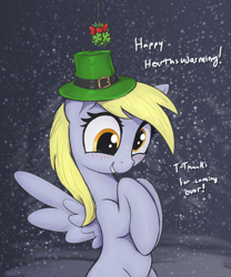 Size: 2500x3000 | Tagged: safe, artist:t72b, derpy hooves, pegasus, pony, g4, bashful, blushing, clover, clover mistaken for mistletoe, derpy being derpy, female, four leaf clover, hat, hearth's warming eve, high res, looking at you, mare, raised hoof, smiling, snow, snowfall, solo, spread wings, talking to viewer, wings