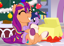 Size: 2000x1450 | Tagged: safe, artist:nitei, sunny starscout, twilight sparkle, earth pony, pony, g4, g5, my little pony: make your mark, my little pony: make your mark chapter 3, winter wishday, spoiler:g5, spoiler:winter wishday, christmas, christmas tree, crystal brighthouse, excited, eyes closed, g5 to g4, generation leap, grin, happy, holiday, hug, mane stripe sunny, plushie, present, sitting, smiling, solo, sunny and her heroine, tree