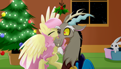 Size: 6324x3584 | Tagged: safe, artist:enviaart, angel bunny, discord, fluttershy, pony, g4, christmas, christmas tree, female, holiday, holly, holly mistaken for mistletoe, kissing, male, ship:discoshy, shipping, straight, tree