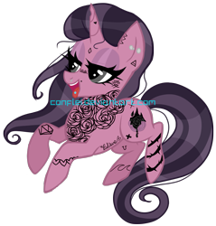 Size: 1411x1474 | Tagged: safe, artist:conflei, oc, oc only, pony, unicorn, bedroom eyes, ear piercing, eyelashes, female, horn, makeup, mare, piercing, simple background, smiling, solo, tattoo, transparent background, unicorn oc