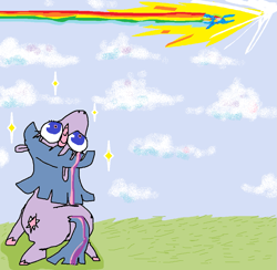 Size: 945x921 | Tagged: source needed, safe, artist:ombnom, rainbow dash, twilight sparkle, pony, unicorn, g4, butt, cute, female, filly, foal, looking up, ms paint, plot, sky, sonic rainboom