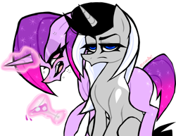 Size: 1499x1160 | Tagged: safe, artist:conflei, oc, oc only, pony, unicorn, bedroom eyes, cocktail glass, duo, eyelashes, female, glowing, glowing horn, horn, magic, mare, simple background, smiling, telekinesis, unamused, unicorn oc, white background